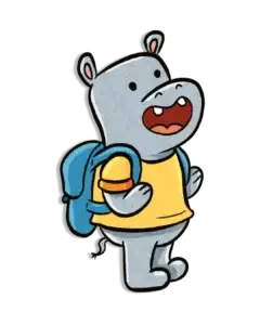 Hipopótamo José com sua mochila e sorrindo.